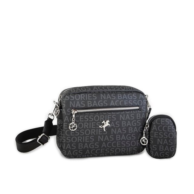 Nas Bag Kadın Çapraz Çanta Mini Cüzdanlı Ayarlanabilir Askılı Siyah Yazılı