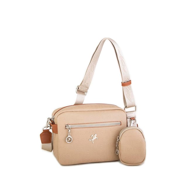 Nas Bag Kadın Çapraz Çanta Mini Cüzdanlı Ayarlanabilir Askılı Vizon Taba   Gofraj