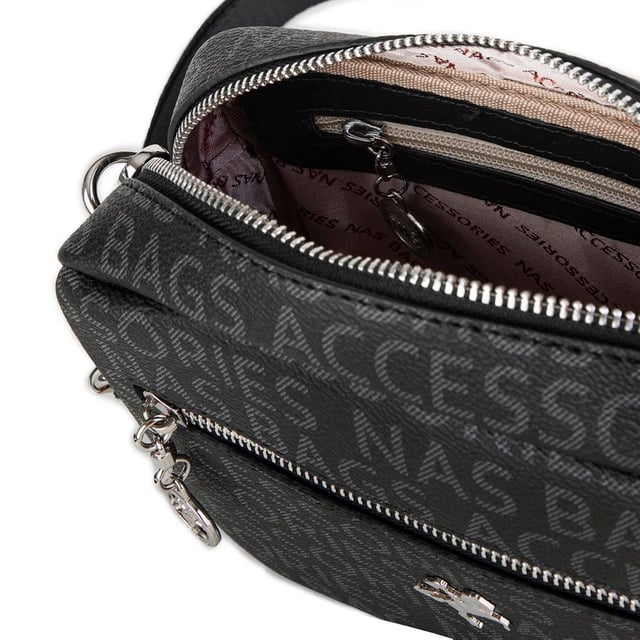 Nas Bag Kadın Çapraz Çanta Mini Cüzdanlı Ayarlanabilir Askılı Siyah Yazılı