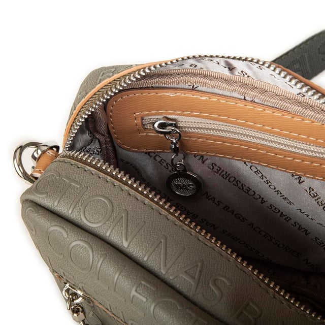 Nas Bag Kadın Çapraz Çanta Mini Cüzdanlı Ayarlanabilir Askılı Yeşil Camel  Gofraj