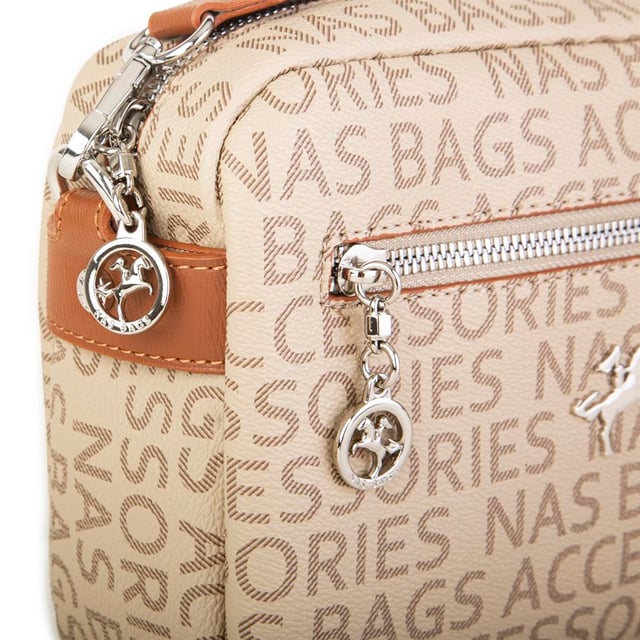 Nas Bag Kadın Çapraz Çanta Mini Cüzdanlı Ayarlanabilir Askılı Vizon Taba Yazılı