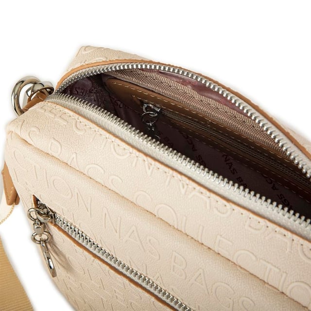 Nas Bag Kadın Çapraz Çanta Mini Cüzdanlı Ayarlanabilir Askılı Krem Camel Gofraj