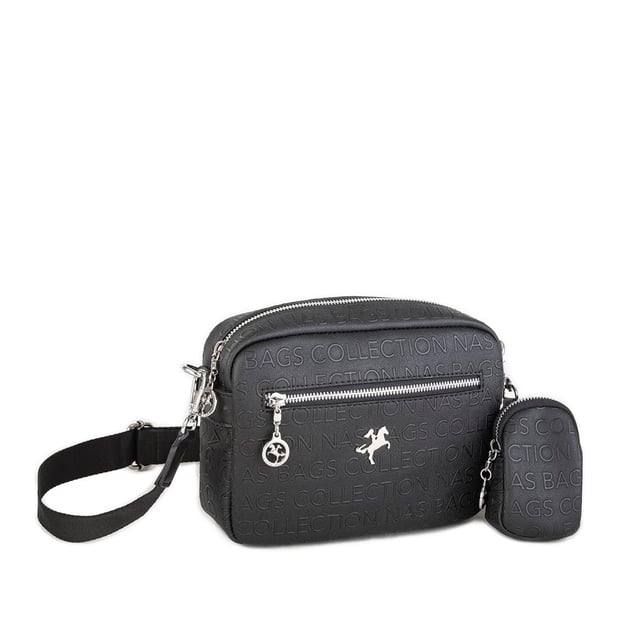 Nas Bag Kadın Çapraz Çanta Mini Cüzdanlı Ayarlanabilir Askılı Siyah Gofraj