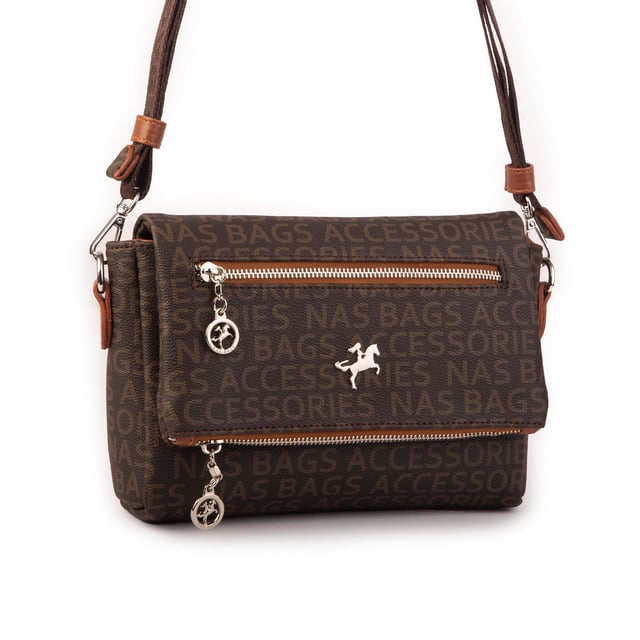 Nas Bag Kadın Çapraz Çok Cepli Spor Çanta Kahve Taba Yazılı  (25x18x7 cm )