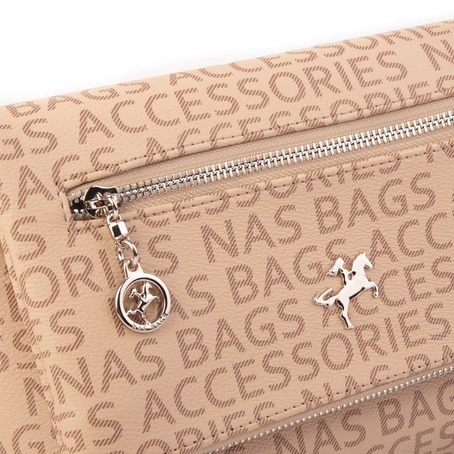 Nas Bag Kadın Çapraz Çok Cepli Spor Çanta Vizon Taba Yazılı  (25x18x7 cm )