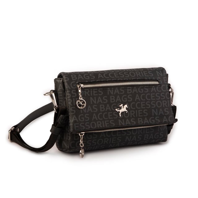 Nas Bag Kadın Çapraz Çok Cepli Spor Çanta Siyah Yazılı  (25x18x7 cm )