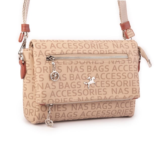 Nas Bag Kadın Çapraz Çok Cepli Spor Çanta Vizon Taba Yazılı  (25x18x7 cm )