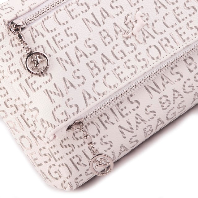 Nas Bag Kadın Çapraz Çok Cepli Spor Çanta Beyaz Yazılı (25x18x7 cm )