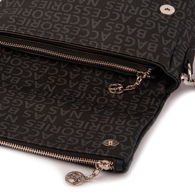 Nas Bag Kadın Çapraz Çok Cepli Spor Çanta Siyah Yazılı  (25x18x7 cm )