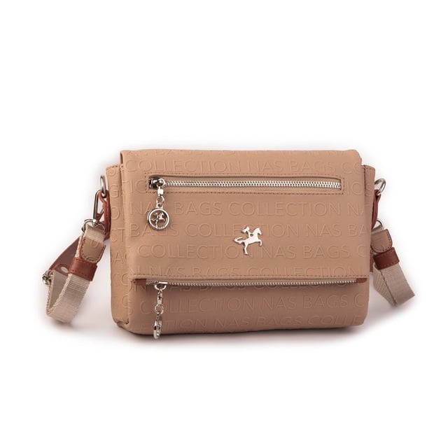 Nas Bag Kadın Çapraz Çok Cepli Spor Çanta Kum  Taba Gofraj  (25x18x7 cm )