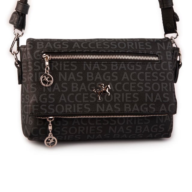 Nas Bag Kadın Çapraz Çok Cepli Spor Çanta Siyah Yazılı  (25x18x7 cm )