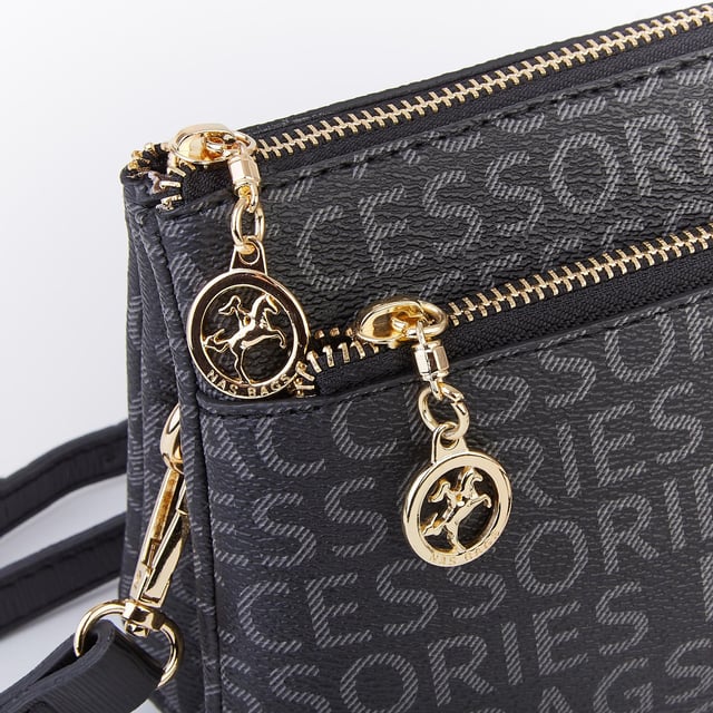 Nas Bag Kadın Çapraz ve Clutch Çanta Bilek ve Çapraz Askılı Siyah  Yazılı (24x15 cm) 