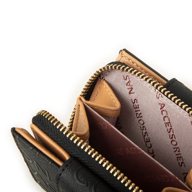 Nas Bag Kadın Çift Kapaklı Mini Cüzdan Siyah Camel Gofraj