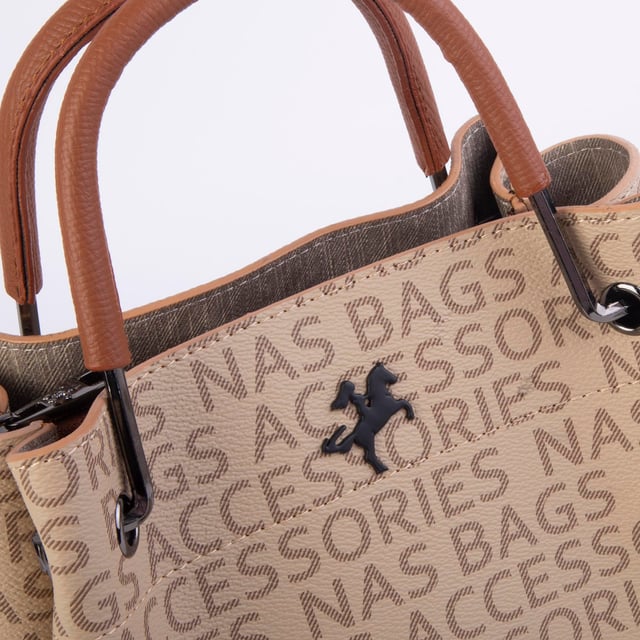Nas Bag Kadın Dönüştürülebilir El Omuz ve Postacı Çantası Vizon Taba Yazılı