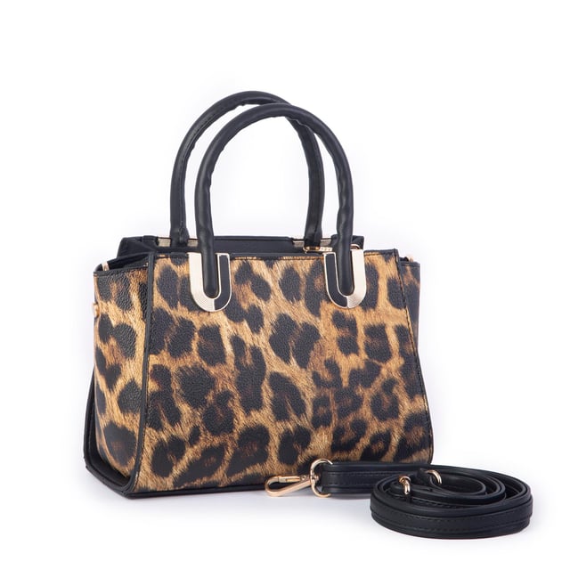 Nas Bag Kadın Midiboy Şık Üç Bölmeli  El ve Çapraz Çanta  Taba Leopar   (23x17 cm)