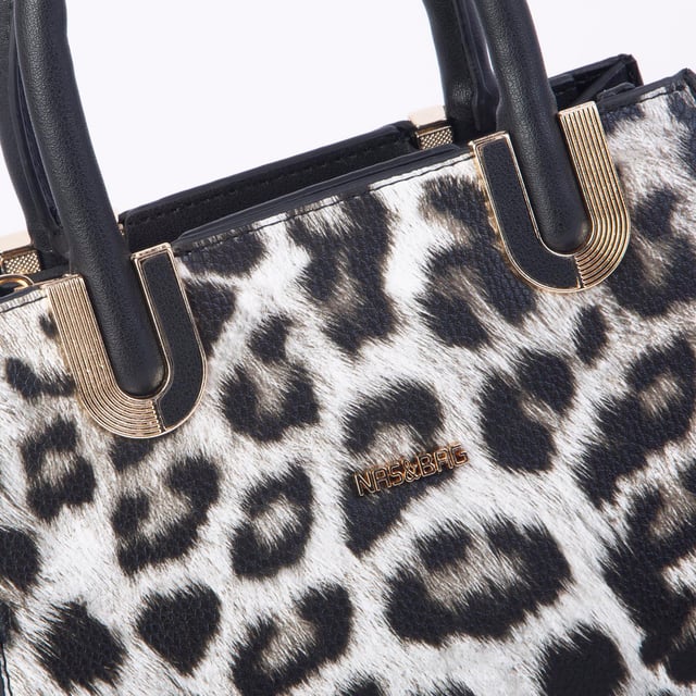 Nas Bag Kadın Midiboy Şık Üç Bölmeli  El ve Çapraz Çanta  Siyah Leopar  (23x17 cm)