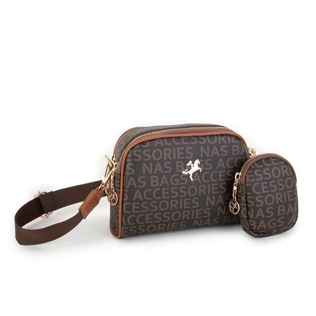 Nas Bag Kadın Mini Çapraz Çantası Kahve Taba Yazılı