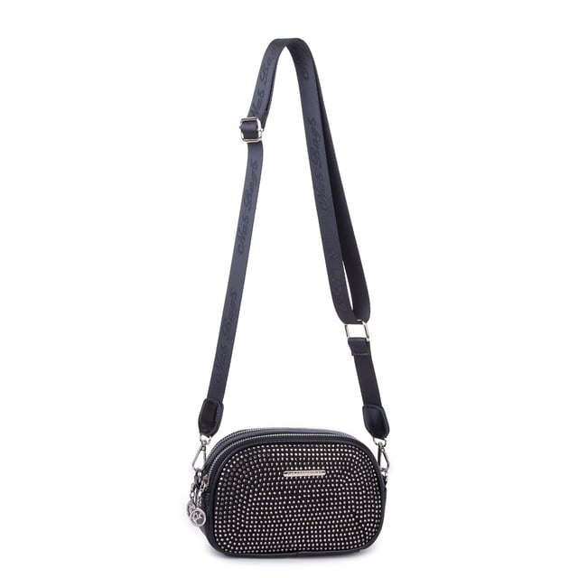 Nas Bag Kadın Mini Çapraz Çift Gözlü Çanta Siyah Gümüş Taşlı