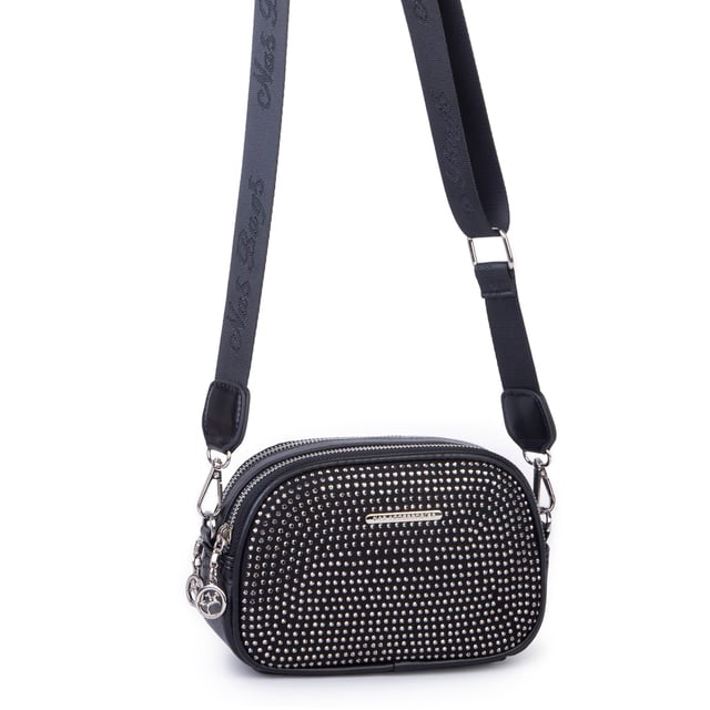 Nas Bag Kadın Mini Çapraz Çift Gözlü Çanta Siyah Gümüş Taşlı