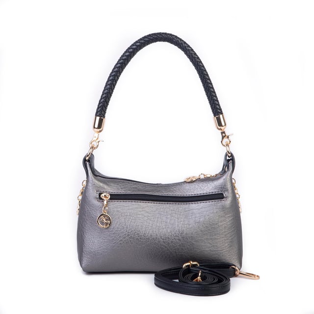 Nas Bag Kadın Mini Omuz ve Çapraz Çanta Örgülü Askılı (en: 23 cm , boy: 14 cm) Gri Siyah Victoria