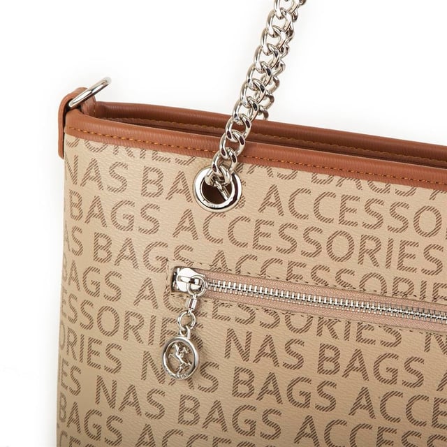 Nas Bag Kadın Omuz Çantası Vizon Taba Yazılı