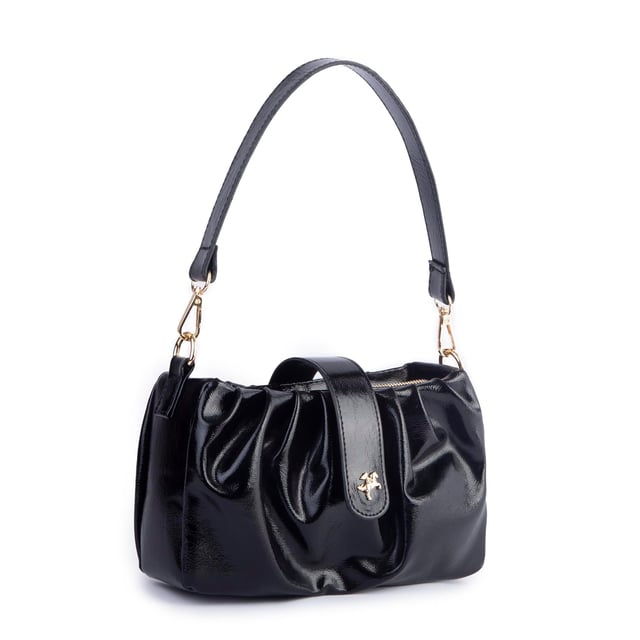 Nas Bag Kadın Omuz ve Çapraz Çanta Çift Askılı Siyah  Krşk Rugan  (24x18cm)