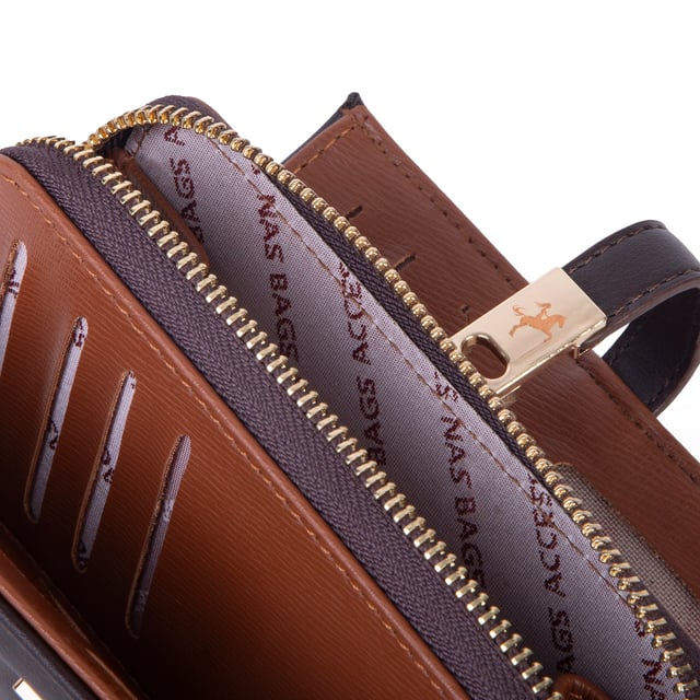 Nas Bag Kadın Orta Boy Kartlık Kağıt Para ve Bozuk Para Tasarımına Sahip Kahve Taba Dona [16x9 cm]