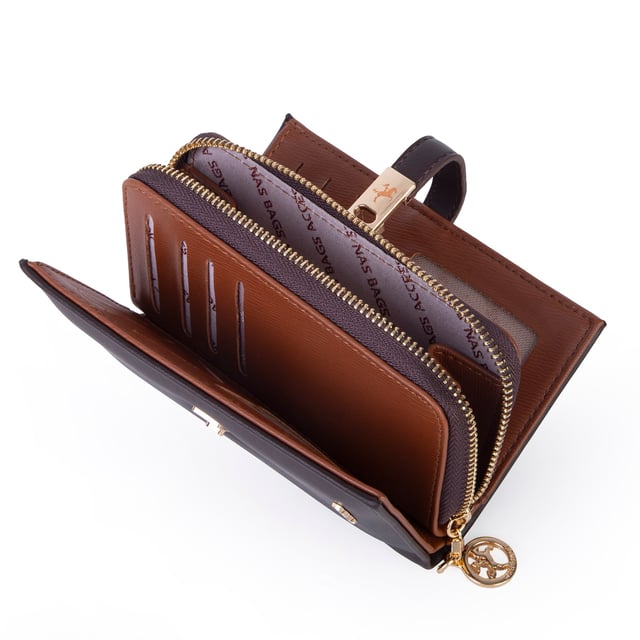 Nas Bag Kadın Orta Boy Kartlık Kağıt Para ve Bozuk Para Tasarımına Sahip Kahve Taba Dona [16x9 cm]