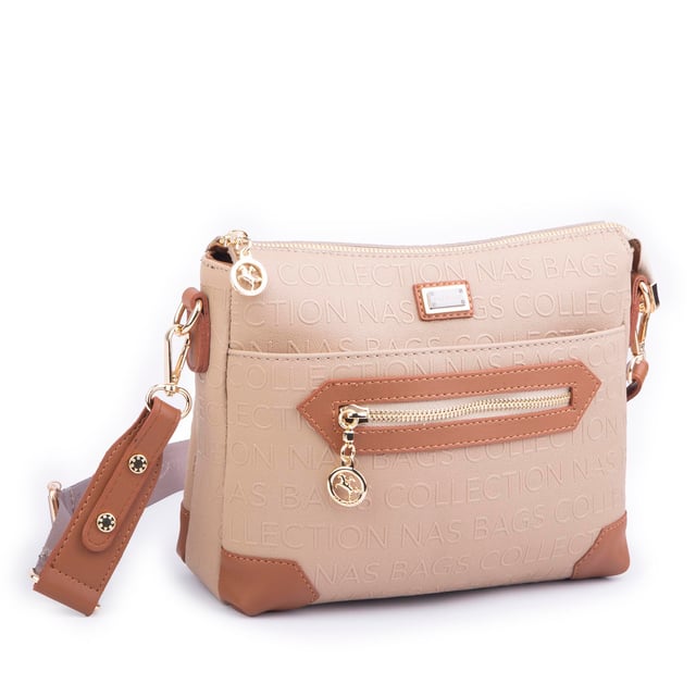 Nas Bag Kadın Postacı Çapraz Çanta Vizon Taba Gofraj (en 25 cm ;boy 22 cm )