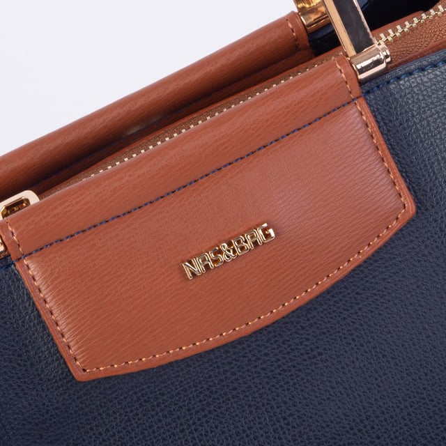 Nas Bag Kadın Şık Zincirli El ve Omuz Çantası Midiboy Lacivert Taba Liza  27x 19 cm 