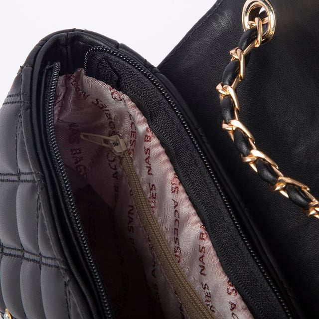 Nas Bag Kadın Taşlı Zincirli Şık Kapitone Çapraz Çanta Siyah   ( 21x12 cm )