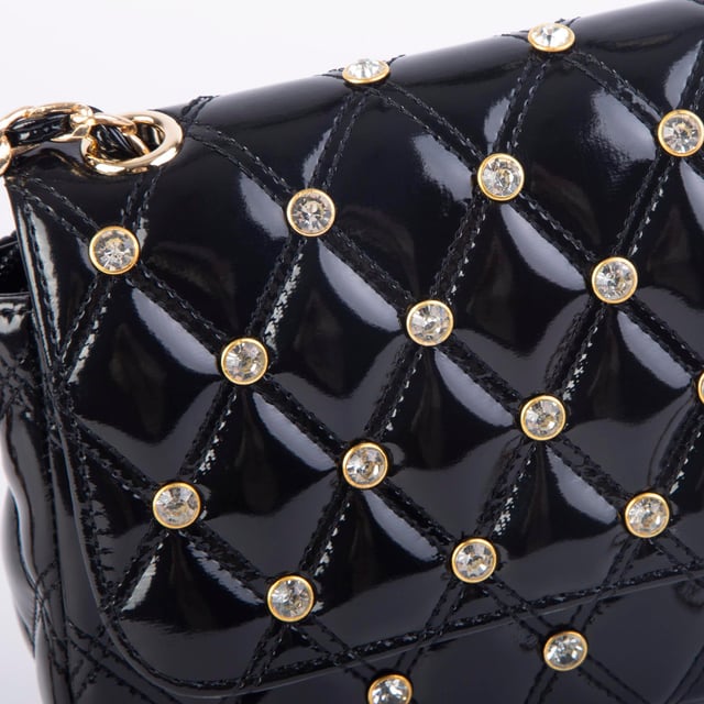 Nas Bag Kadın Taşlı Zincirli Şık Kapitone Çapraz Çanta Siyah Rugan  ( 21x12 cm )