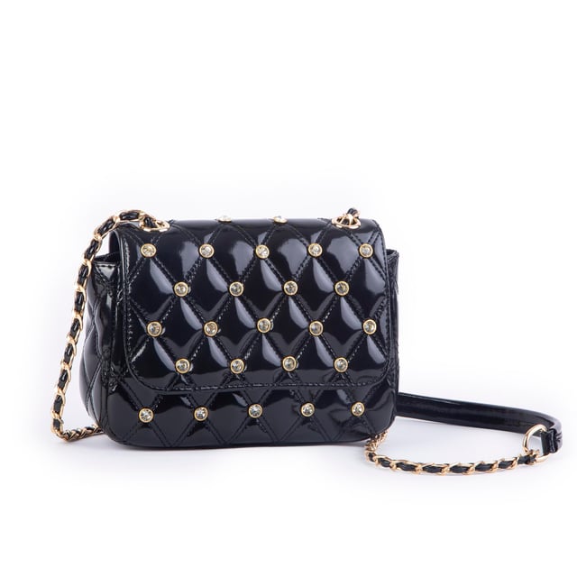 Nas Bag Kadın Taşlı Zincirli Şık Kapitone Çapraz Çanta Siyah Rugan  ( 21x12 cm )