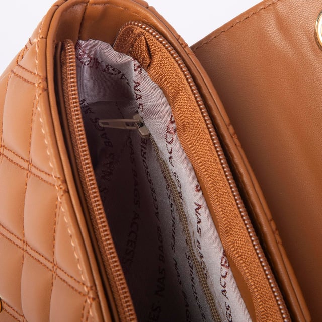 Nas Bag Kadın Taşlı Zincirli Şık Kapitone Çapraz Çanta Taba  ( 21x12 cm )