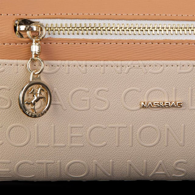 Nas Bag Kadın Yatay Cüzdan Geniş Kullanımlı çift Fermuaarlı Krem Camel Gofraj
