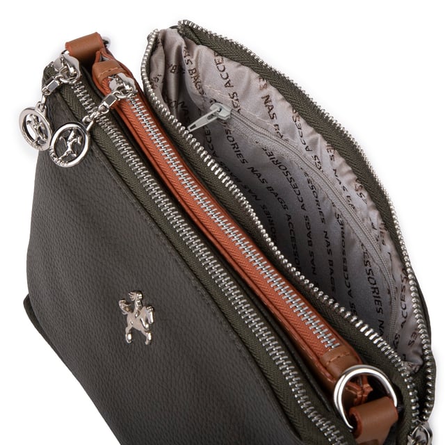 Nas Bag Mini Kadın 3 Gözlü Cüzdanlı Günlük  Çapraz Çanta Haki Taba Lopez