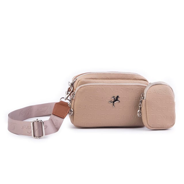 Nas Bag Mini Kadın Çapraz Mini Cüzdanlı At Amblemli Vizon  Taba Gofraj  (eni :20 cm ; boy 14 cm)