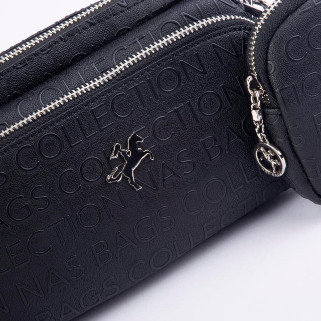 Nas Bag Mini Kadın Çapraz Mini Cüzdanlı At Amblemli Siyah Gofraj (eni :20 cm ; boy 14 cm)