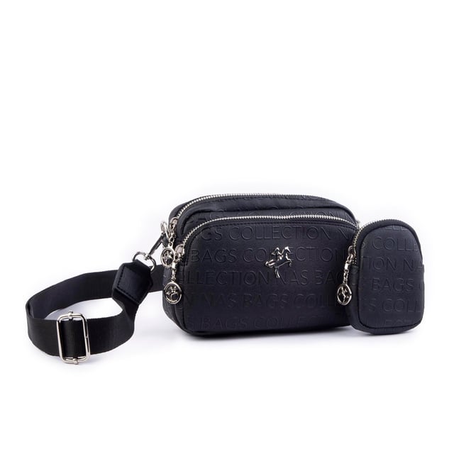 Nas Bag Mini Kadın Çapraz Mini Cüzdanlı At Amblemli Siyah Gofraj (eni :20 cm ; boy 14 cm)