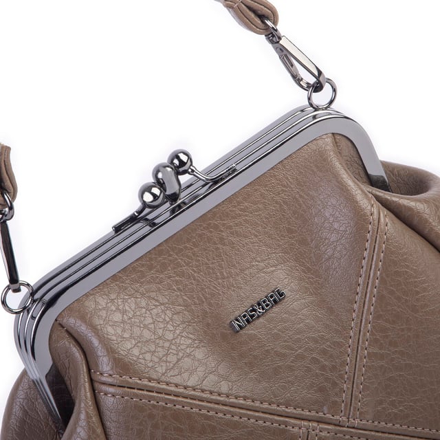 Nas Bag Mini Vintage Burslu Klipsli Kadın Omuz ve Çapraz Çanta Vizon Victoria ( 20x17 cm)