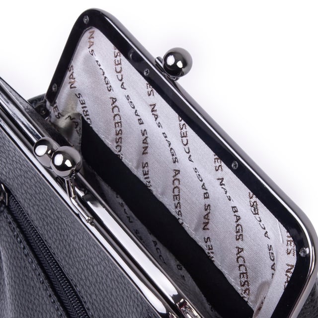 Nas Bag Mini Vintage Burslu Klipsli Kadın Omuz ve Çapraz Çanta Siyah Lopez  ( 20x17 cm)