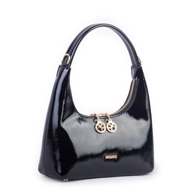 Nas Bag Mini Zincirli Omuz ve Çapraz Çanta Siyah Rugan