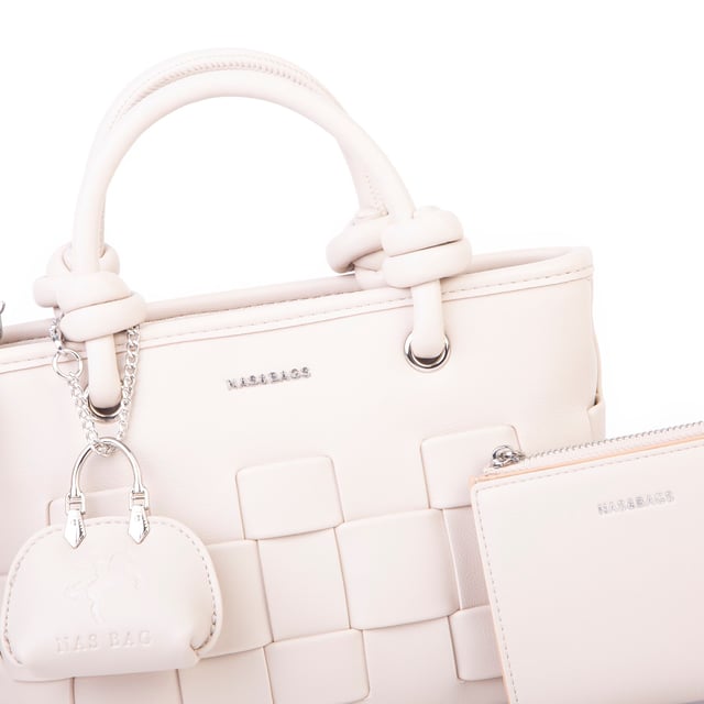 Nas Bag Mini Premium Şık Kadın 2 li Set ve Charmlı ve Cüzdanlı  El ve Çapraz Çanta Krem