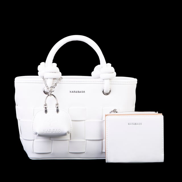 Nas Bag Mini Premium Şık Kadın 2 li Set ve Charmlı ve Cüzdanlı  El ve Çapraz Çanta Beyaz