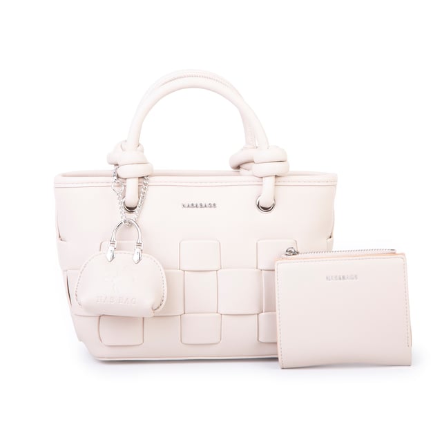 Nas Bag Mini Premium Şık Kadın 2 li Set ve Charmlı ve Cüzdanlı  El ve Çapraz Çanta Krem