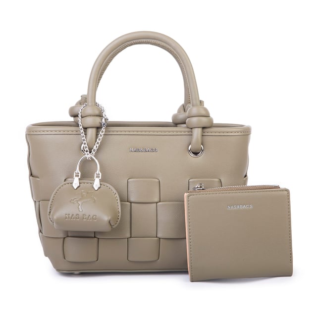 Nas Bag Mini Premium Şık Kadın 2 li Set ve Charmlı ve Cüzdanlı  El ve Çapraz Çanta Haki