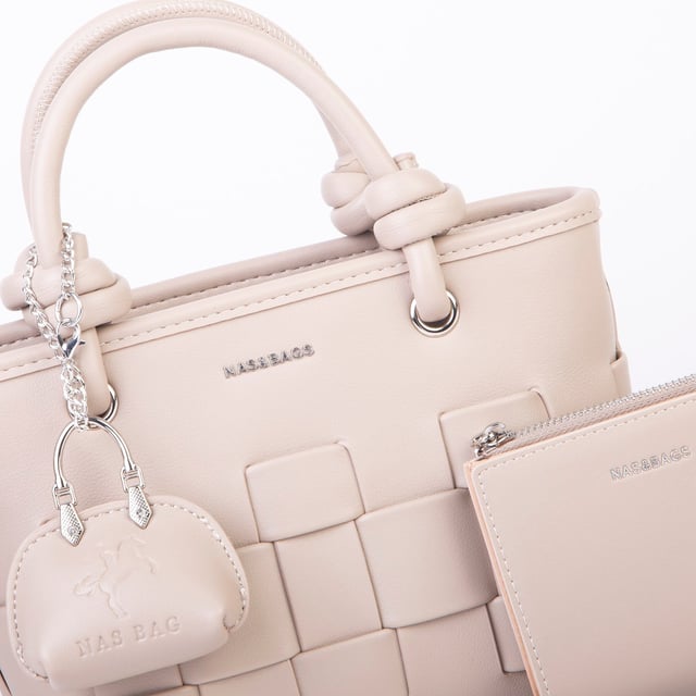 Nas Bag Mini Premium Şık Kadın 2 li Set ve Charmlı ve Cüzdanlı  El ve Çapraz Çanta Kum