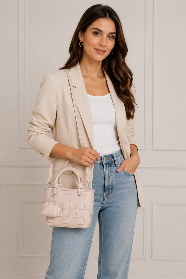 Nas Bag Mini Premium Şık Kadın 2 li Set ve Charmlı ve Cüzdanlı  El ve Çapraz Çanta Kum