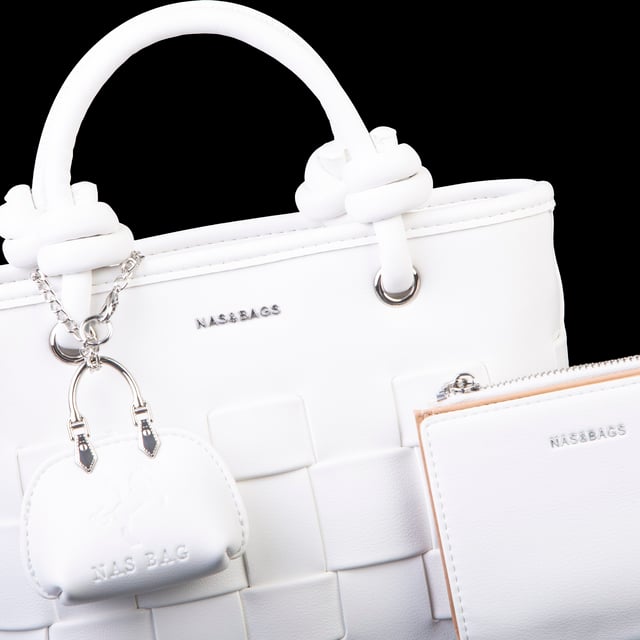 Nas Bag Mini Premium Şık Kadın 2 li Set ve Charmlı ve Cüzdanlı  El ve Çapraz Çanta Beyaz