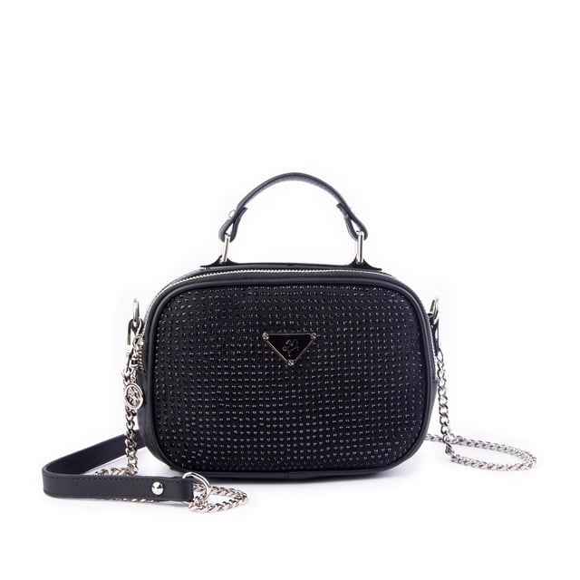 Nas Bag Zincirli Kapitone Çift Gözlü El ve Çapraz Çanta Siyah  Taşlı ( 21x16 cm )